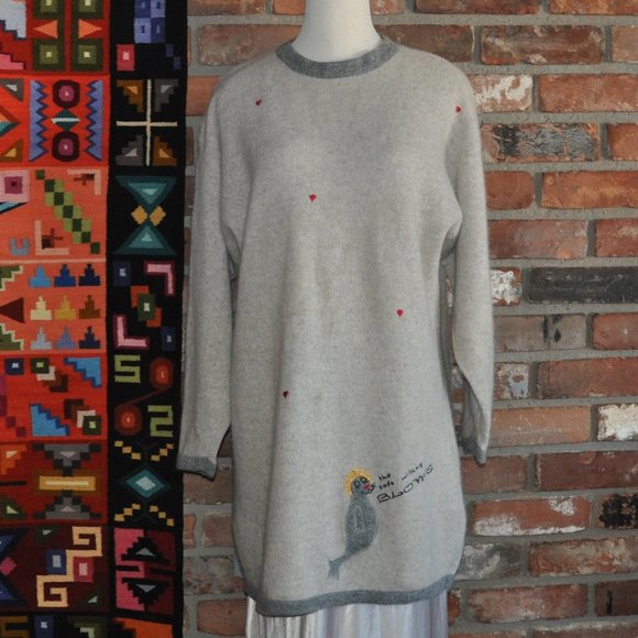 Passport Lambs Wool Angora Blend Tunic Knit Sweater Dress Hearts Seal W/ Halo 42 - Picture 1 of 9
